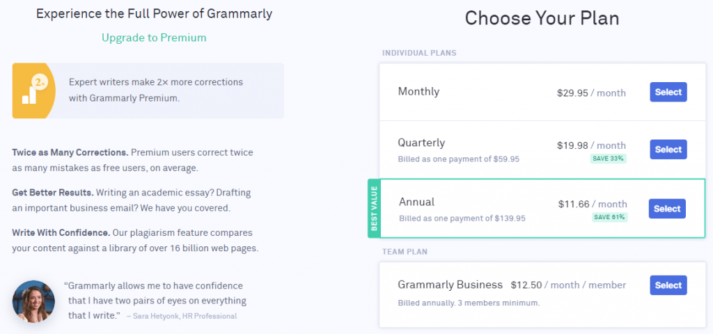 grammarly plans